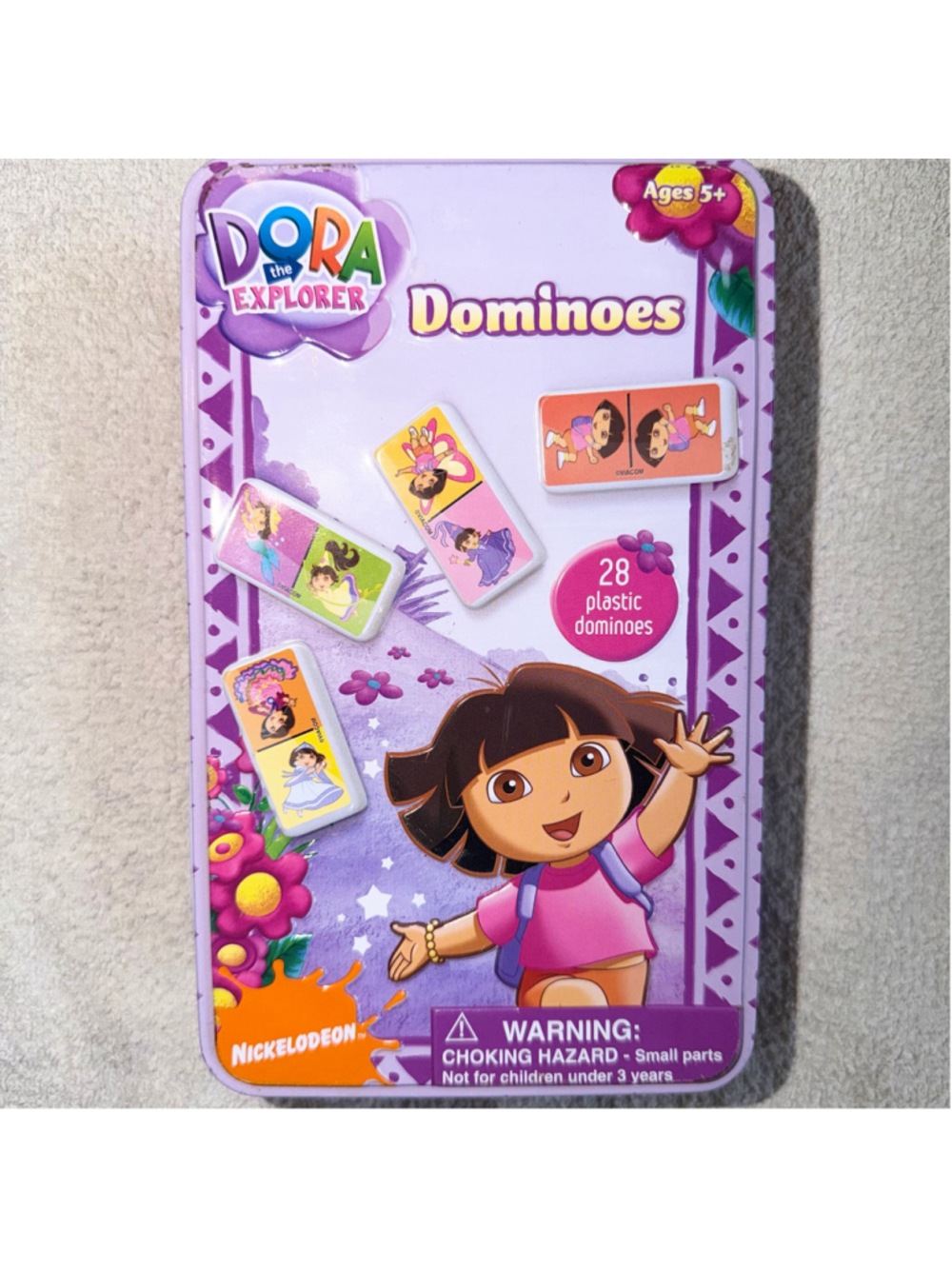 2009 Nickelodeon Dora The Explorer Dominoes 28 Plastic Dominoes Age 5+ Metal Tin